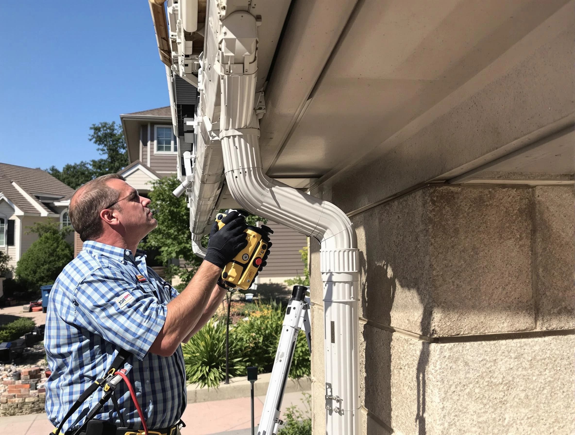 Close-up of a restored downspout system by Warrensville Heights Roofing Company in Warrensville Heights, OH