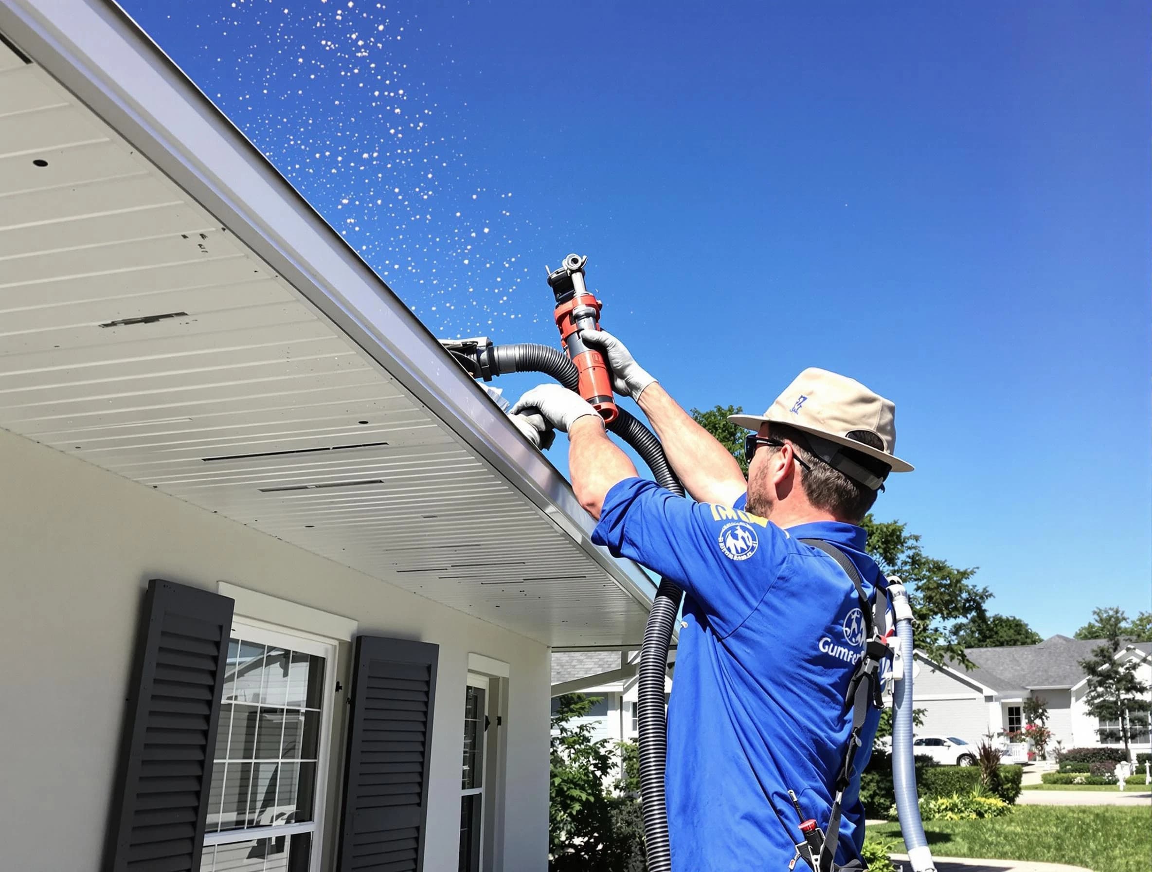 Technician completing a gutter cleaning project by Warrensville Heights Roofing Company in Warrensville Heights, OH