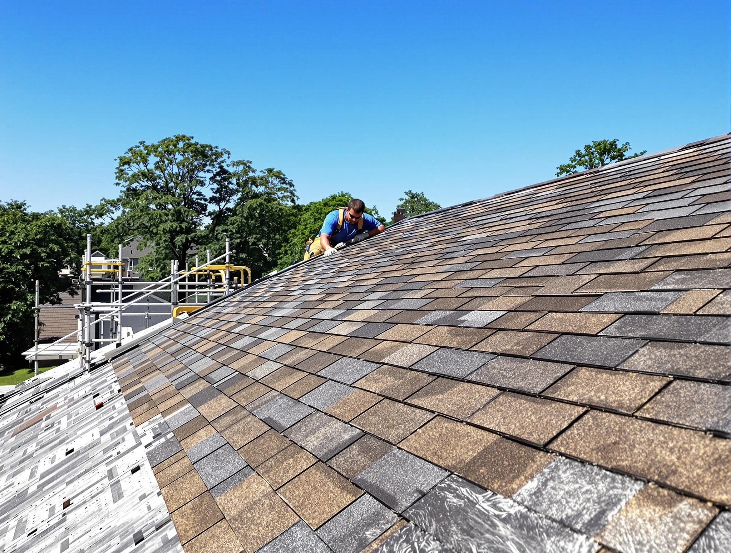 Close-up of new shingles installed by Warrensville Heights Roofing Company in Warrensville Heights, OH